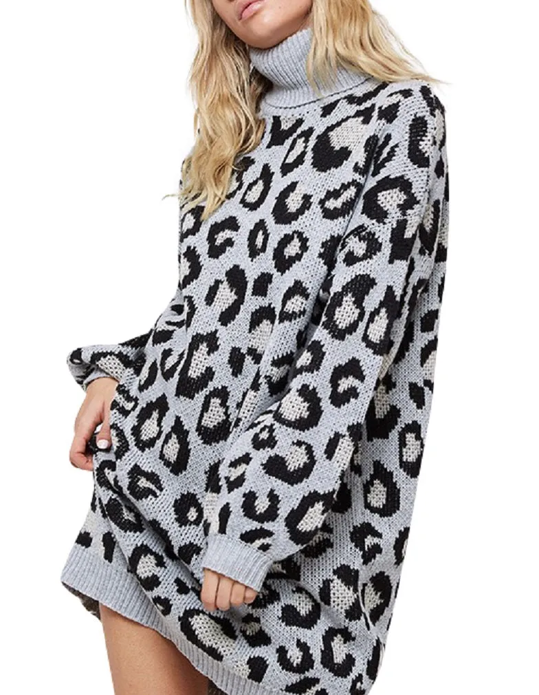 tunic Long Sleeve Leopard Turtleneck Sweater Mini Dress STYLISH TRENDY