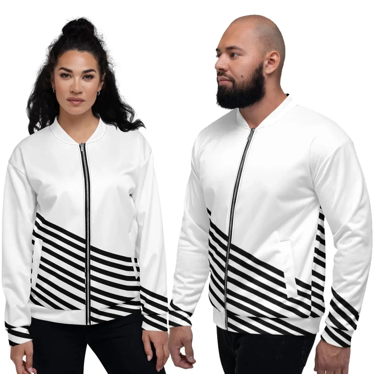 White Black Striped Bomber Jacket, Modern Unisex Fit Jacket For Men/Women-Made in EU