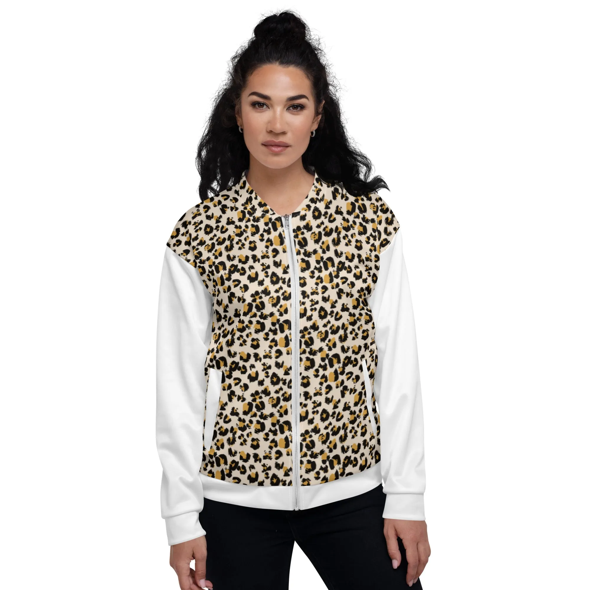 Women Bomber Jacket With Pockets Zipper Premium Quality Leopard Design by IOBI Original Apparel