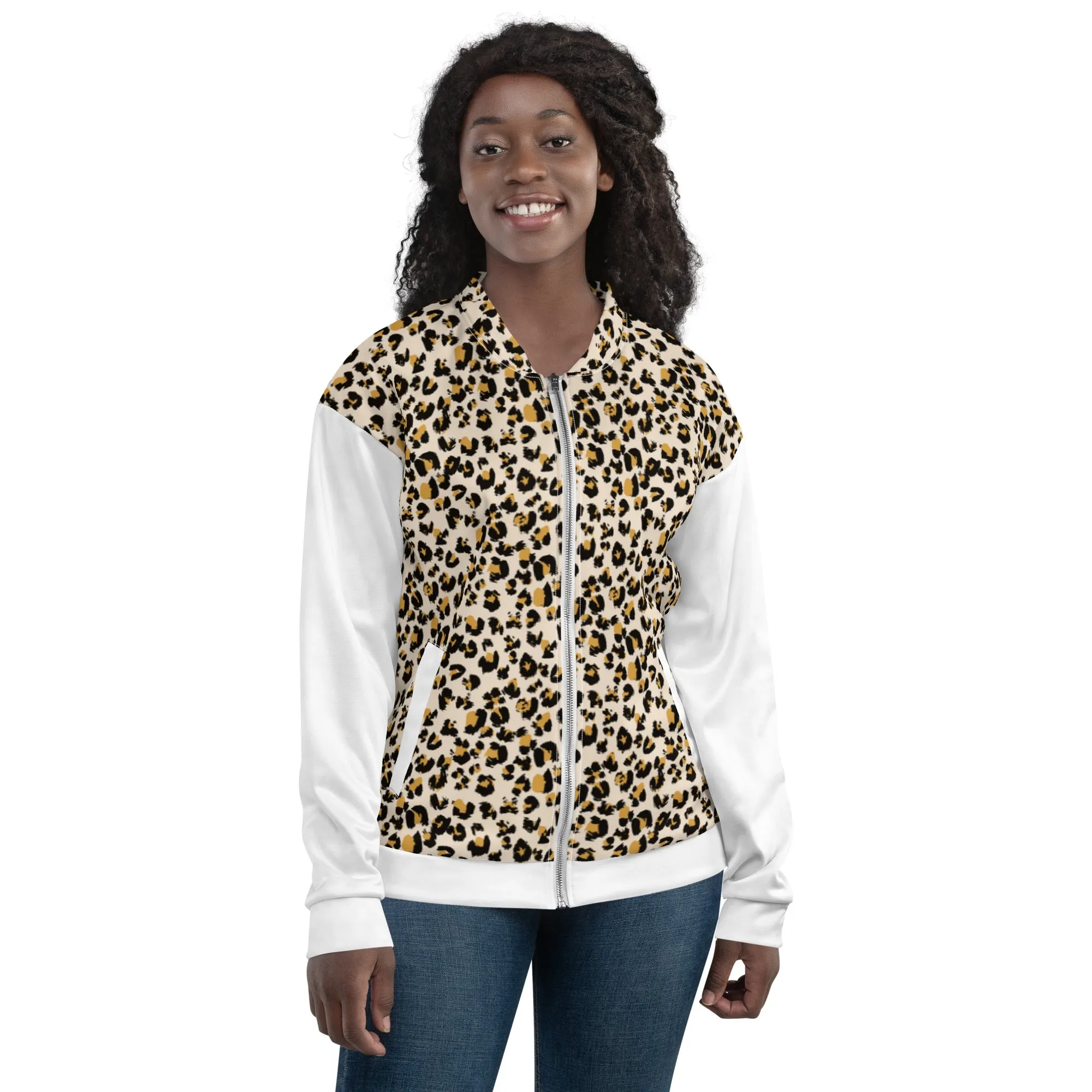 Women Bomber Jacket With Pockets Zipper Premium Quality Leopard Design by IOBI Original Apparel