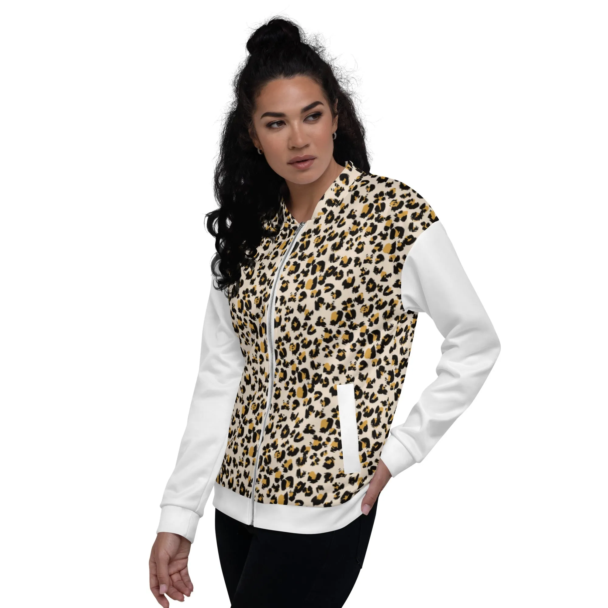 Women Bomber Jacket With Pockets Zipper Premium Quality Leopard Design by IOBI Original Apparel