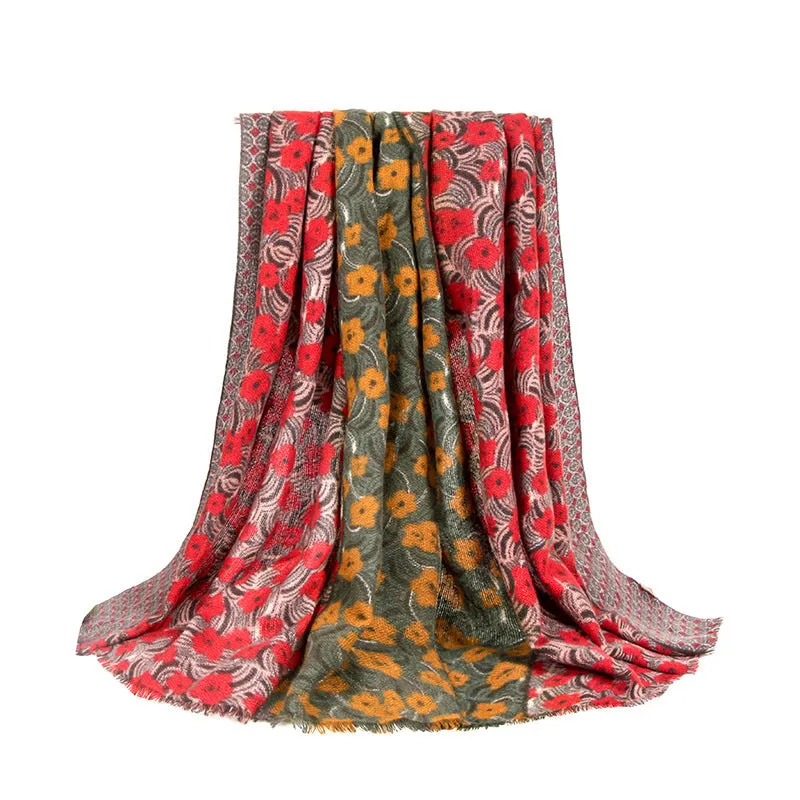 Womens Autumn Winter Retro Small Floral Stitching Scarf