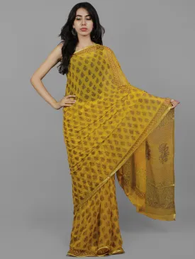 Yellow Mustard Green Hand Block Printed Chiffon Saree - S031702117