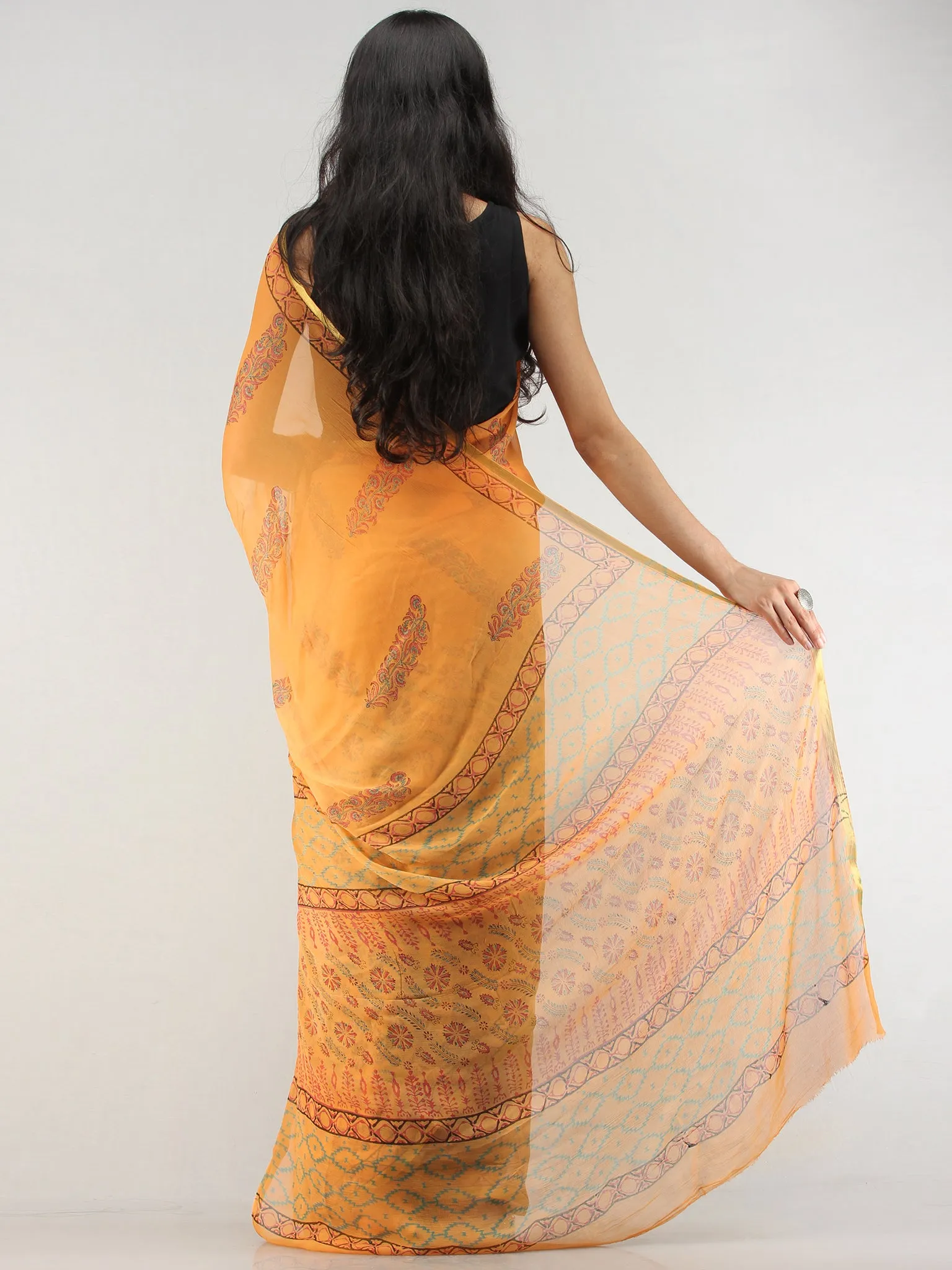 Yellow Red Hand Block Printed Chiffon Saree with Zari Border - S031704565