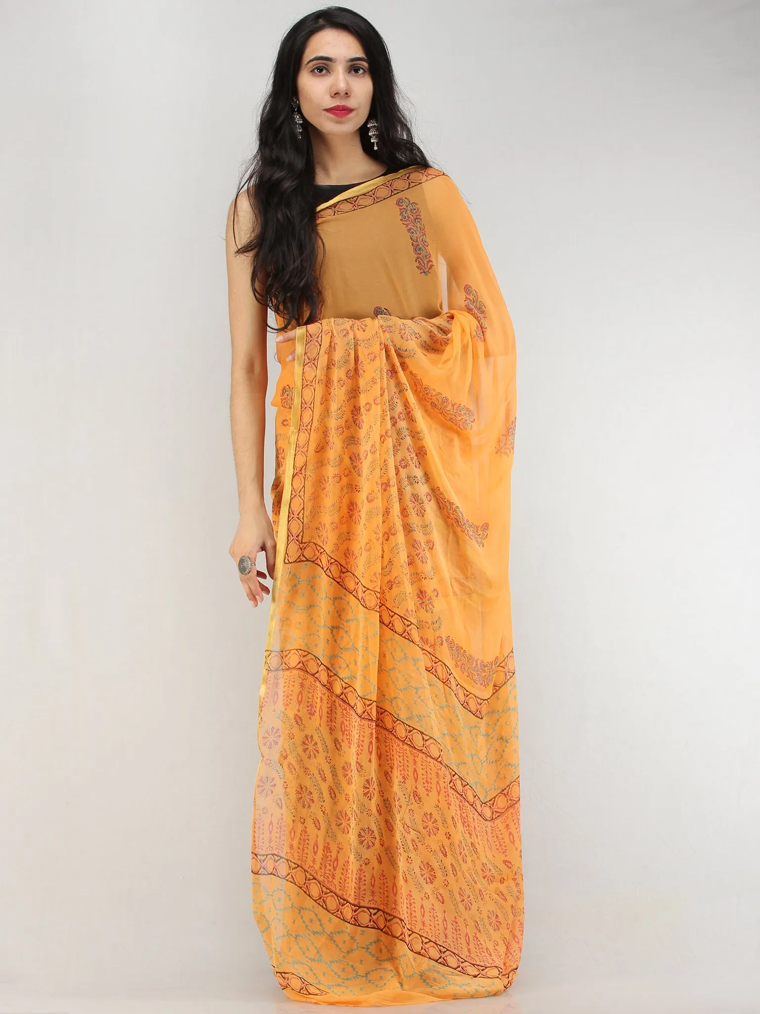 Yellow Red Hand Block Printed Chiffon Saree with Zari Border - S031704565