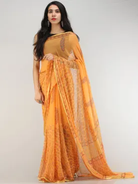 Yellow Red Hand Block Printed Chiffon Saree with Zari Border - S031704565